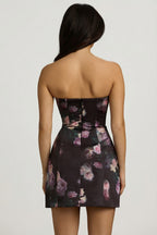 Chic Strapless Structured Tulip Mini Dress in Black Floral Print