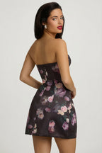 Chic Strapless Structured Tulip Mini Dress in Black Floral Print