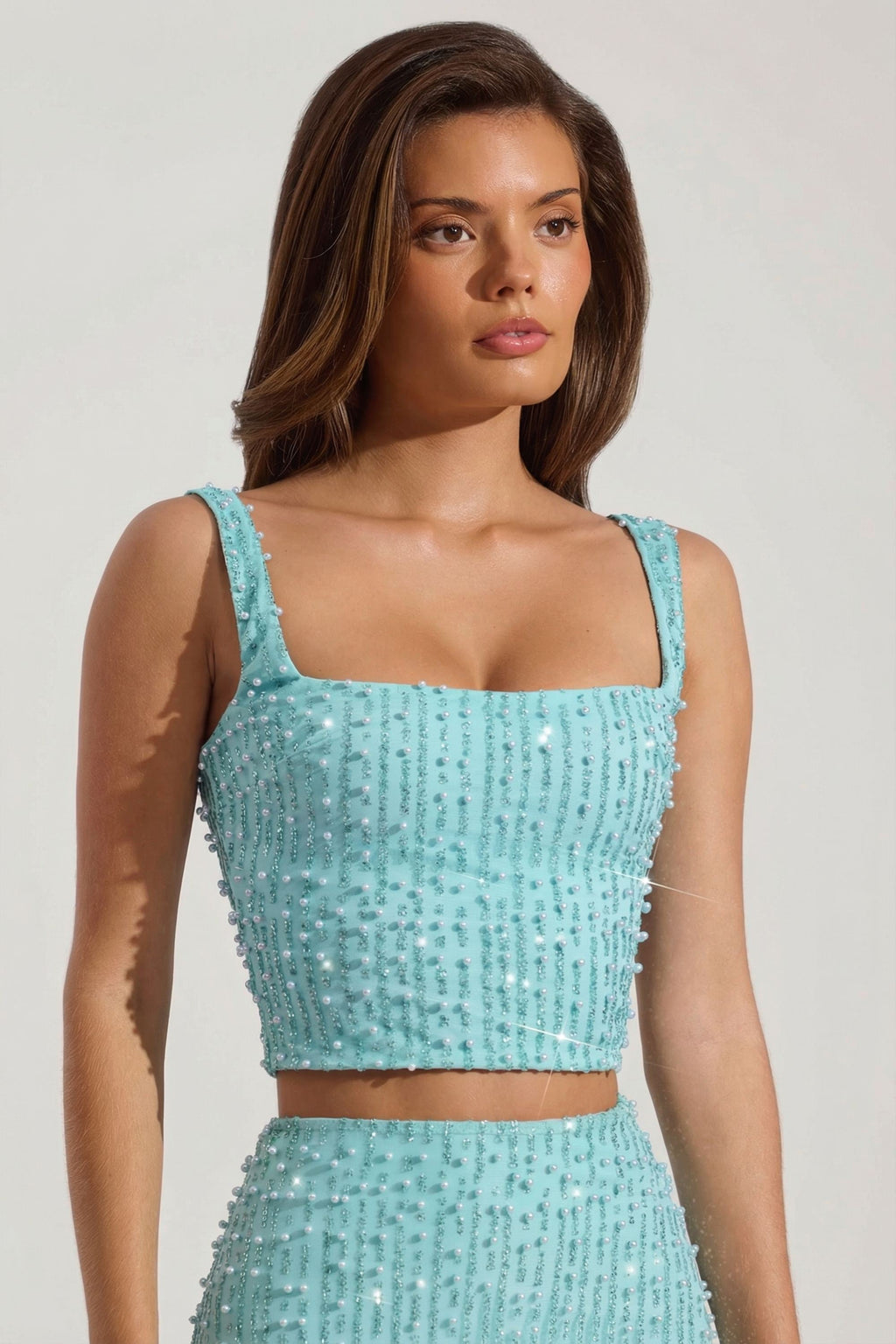 Chic Embellished Square-Neck Crop Top in Aquamarine