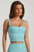 Chic Embellished Square-Neck Crop Top in Aquamarine