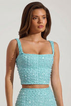Chic Embellished Square-Neck Crop Top in Aquamarine