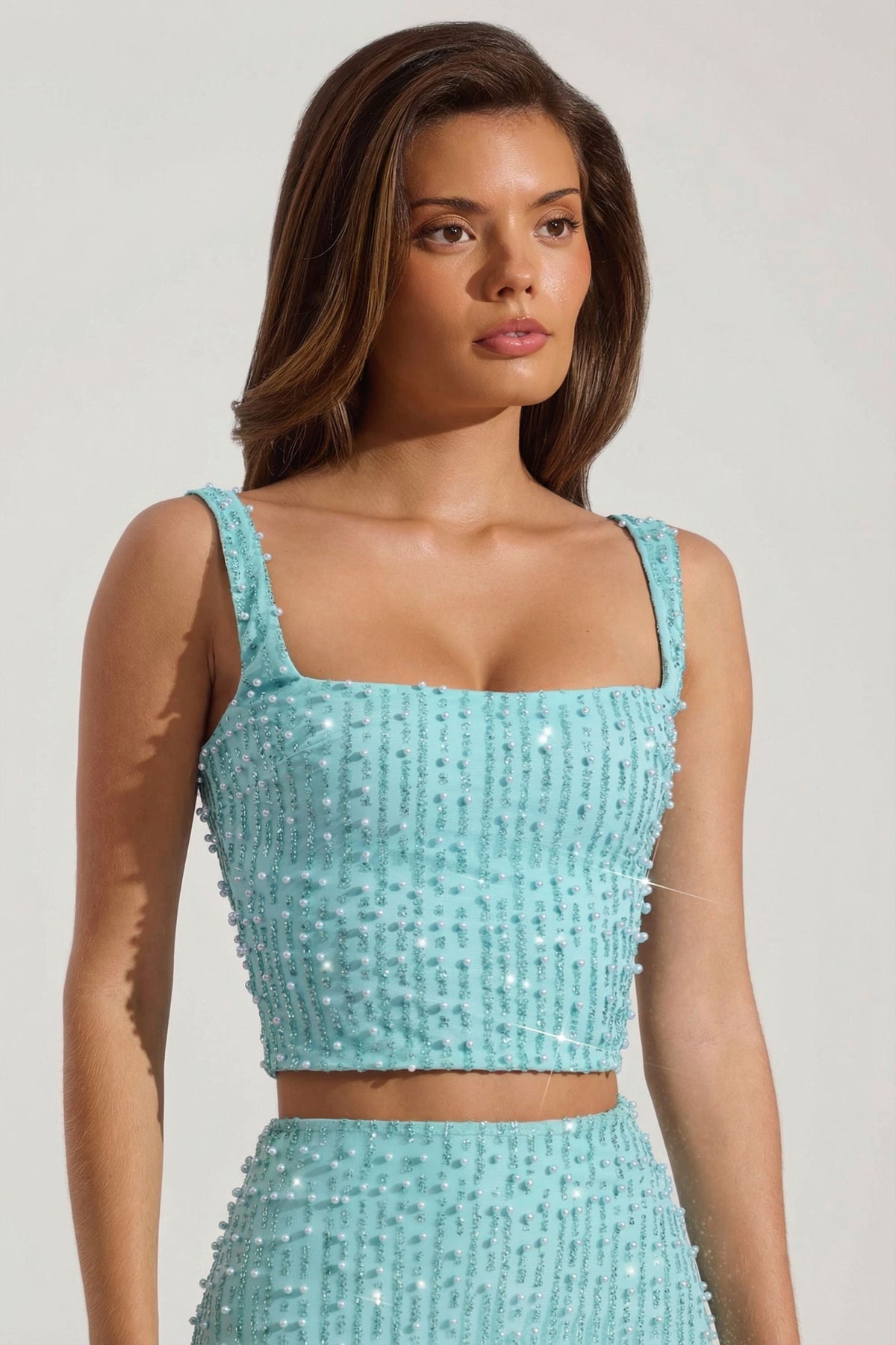 Chic Embellished Square-Neck Crop Top in Aquamarine