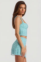 Chic Embellished Square-Neck Crop Top in Aquamarine