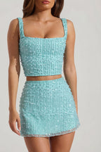 Chic Embellished Square-Neck Crop Top in Aquamarine