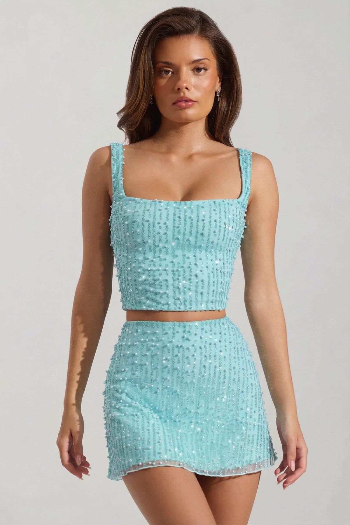 Chic Embellished Square-Neck Crop Top in Aquamarine