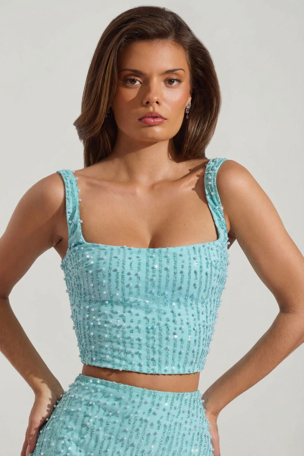 Chic Embellished Square-Neck Crop Top in Aquamarine