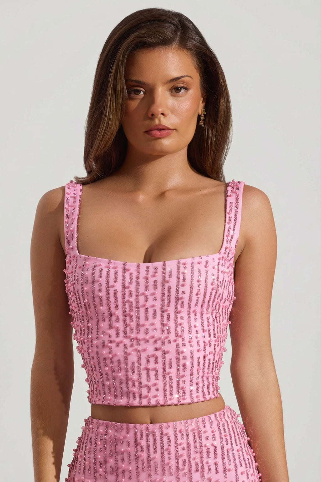 Chic Embellished Square-Neck Crop Top in Posy