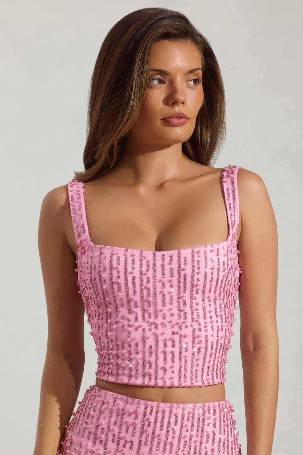 Chic Embellished Square-Neck Crop Top in Posy