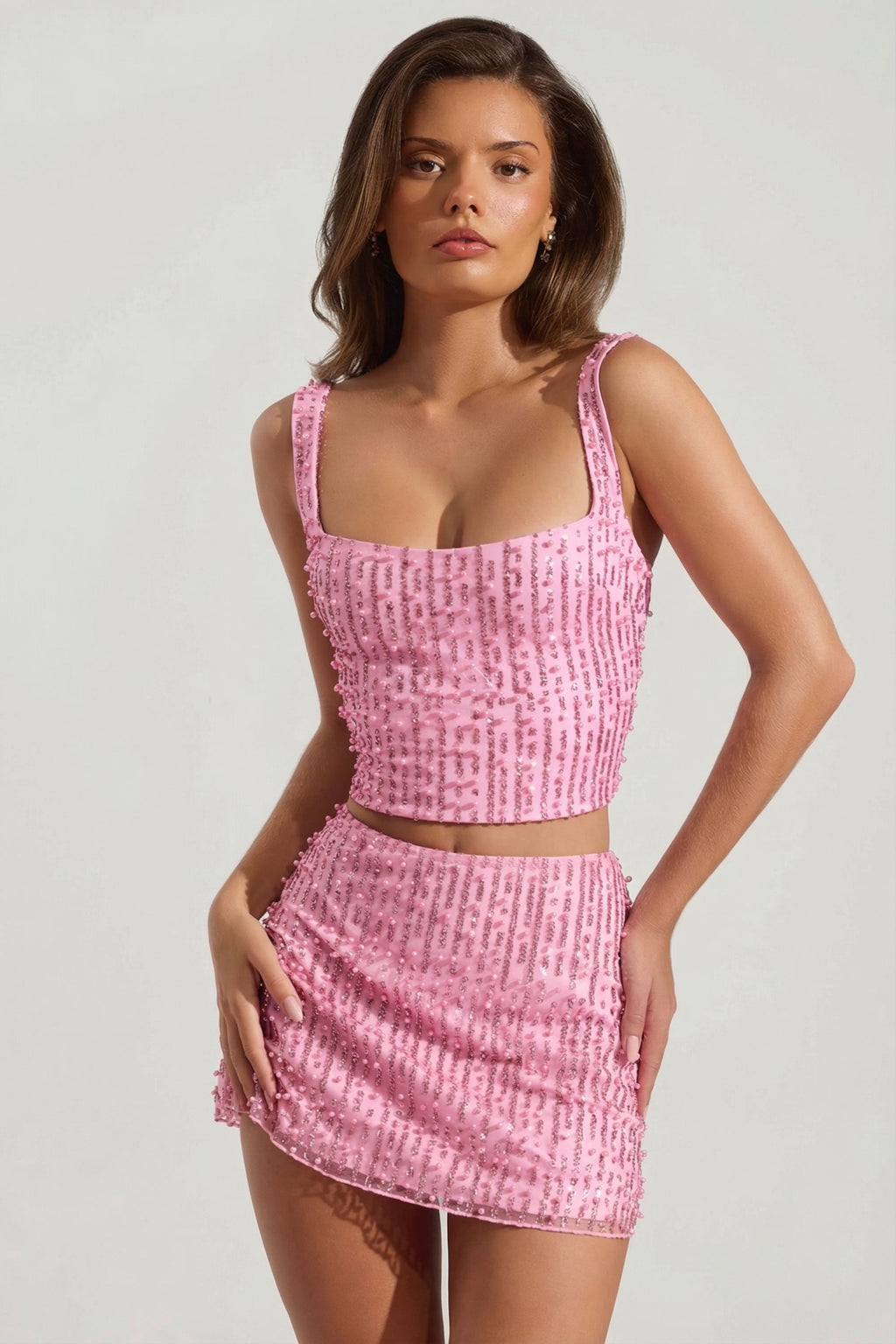Chic Embellished Square-Neck Crop Top in Posy