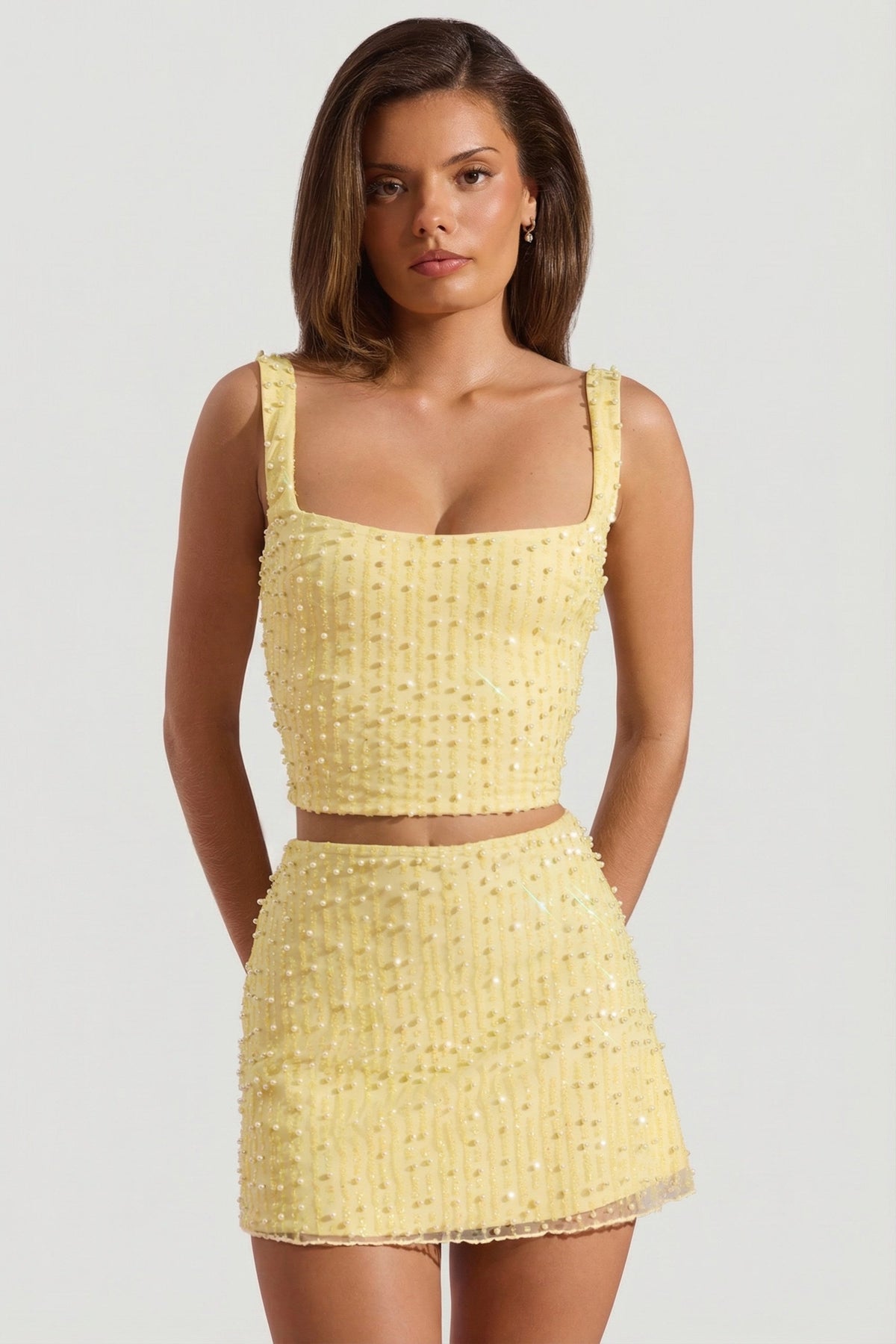 Chic Embellished Square-Neck Crop Top in Limoncello