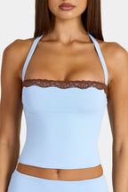 Chic Modal Lace-Trim Halterneck Top in Arctic Blue