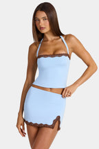 Chic Modal Lace-Trim Halterneck Top in Arctic Blue