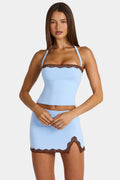 Chic Modal Lace-Trim Halterneck Top in Arctic Blue