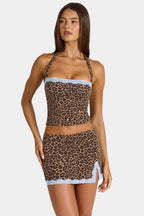 Chic Modal Lace-Trim Halterneck Top in Leopard
