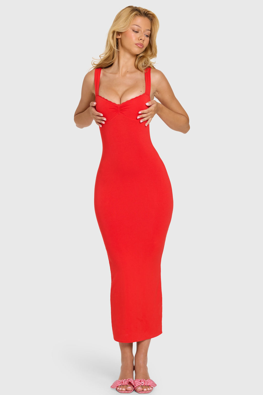 Chic Modal Lace-Trim Midaxi Dress in Cherry
