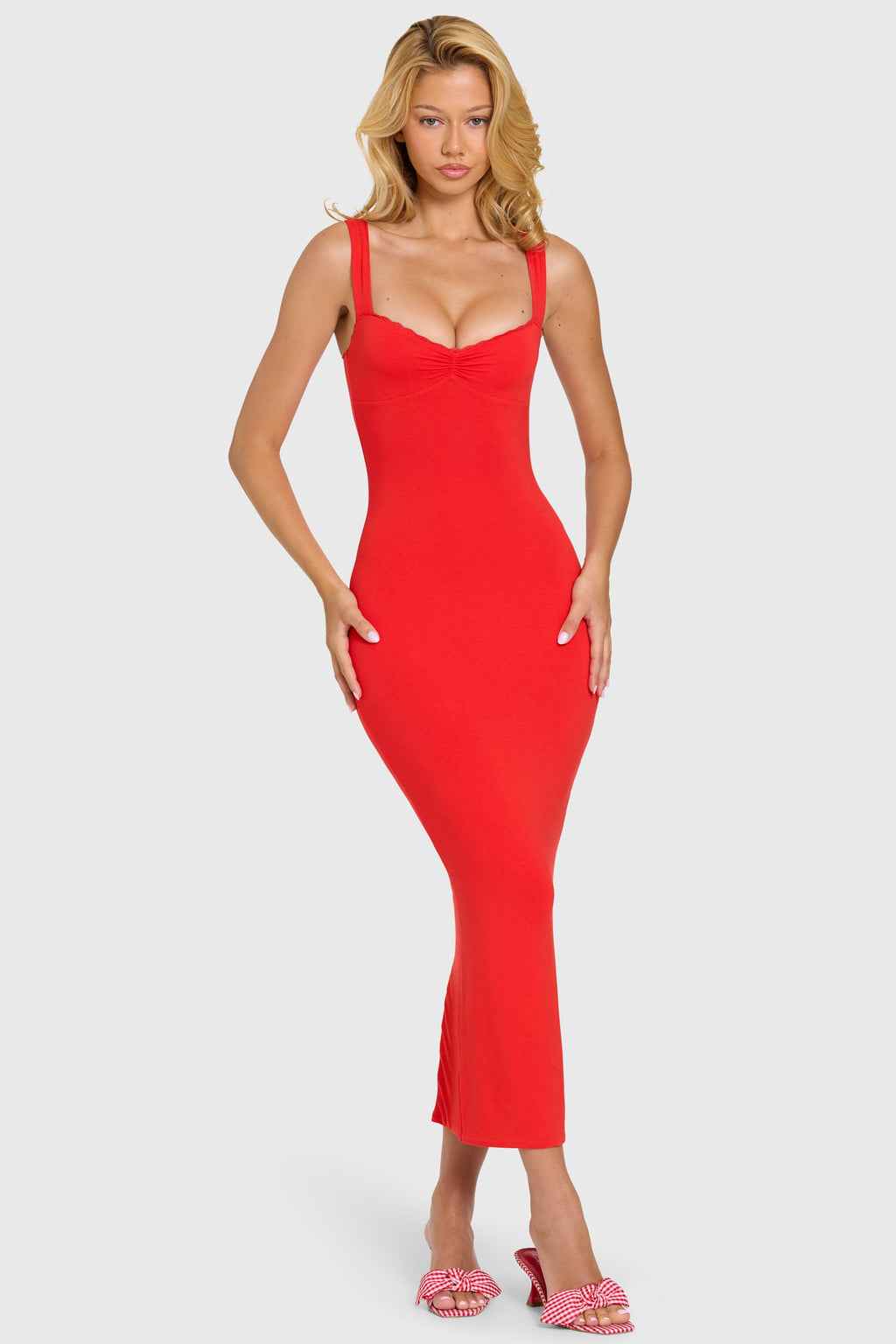Chic Modal Lace-Trim Midaxi Dress in Cherry