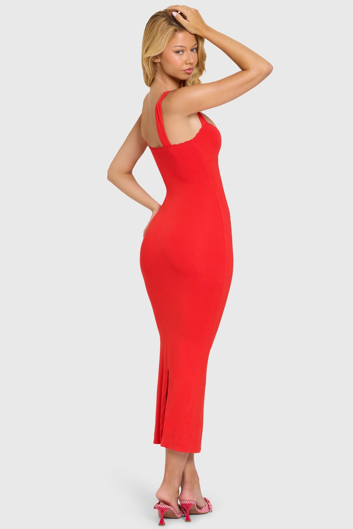 Chic Modal Lace-Trim Midaxi Dress in Cherry