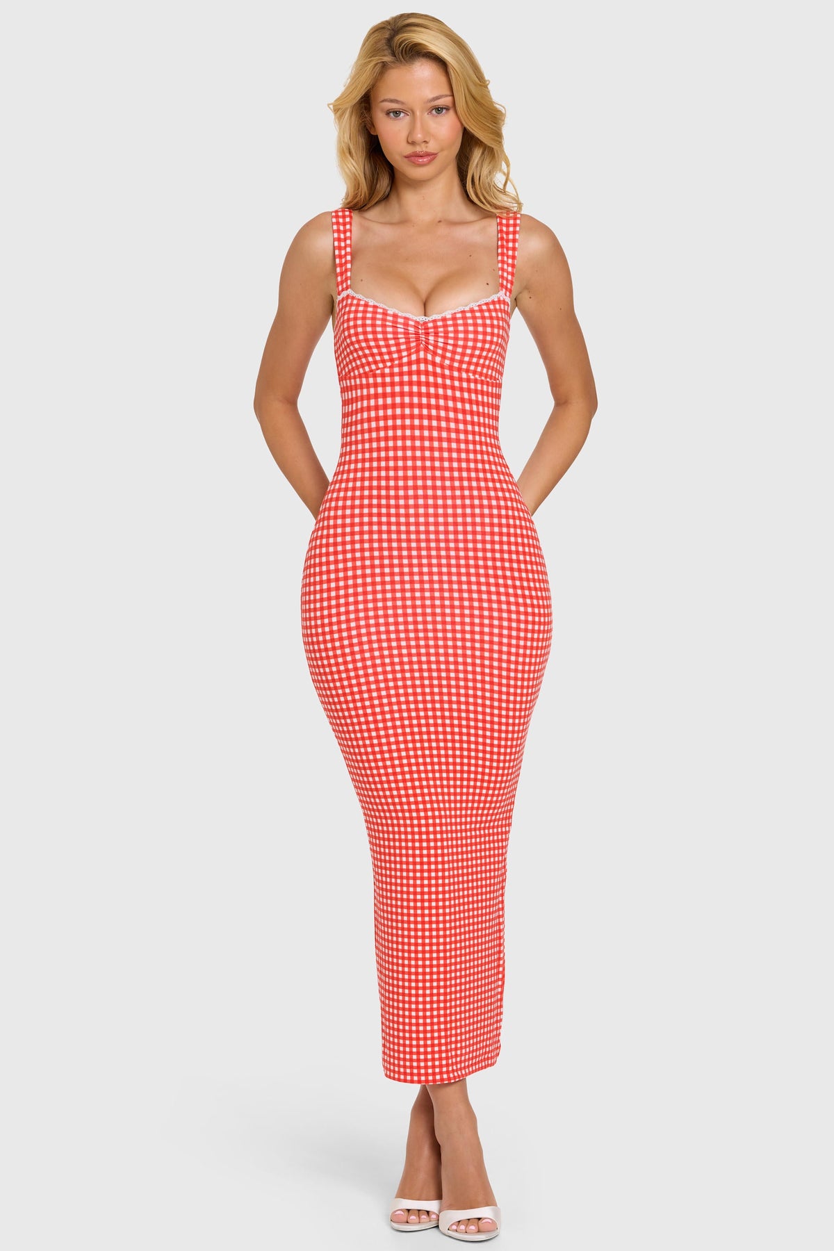 Chic Modal Lace-Trim Midaxi Dress in Red Gingham