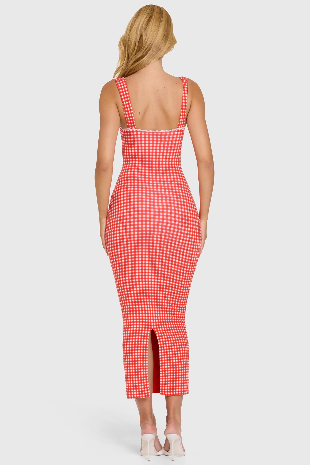 Chic Modal Lace-Trim Midaxi Dress in Red Gingham