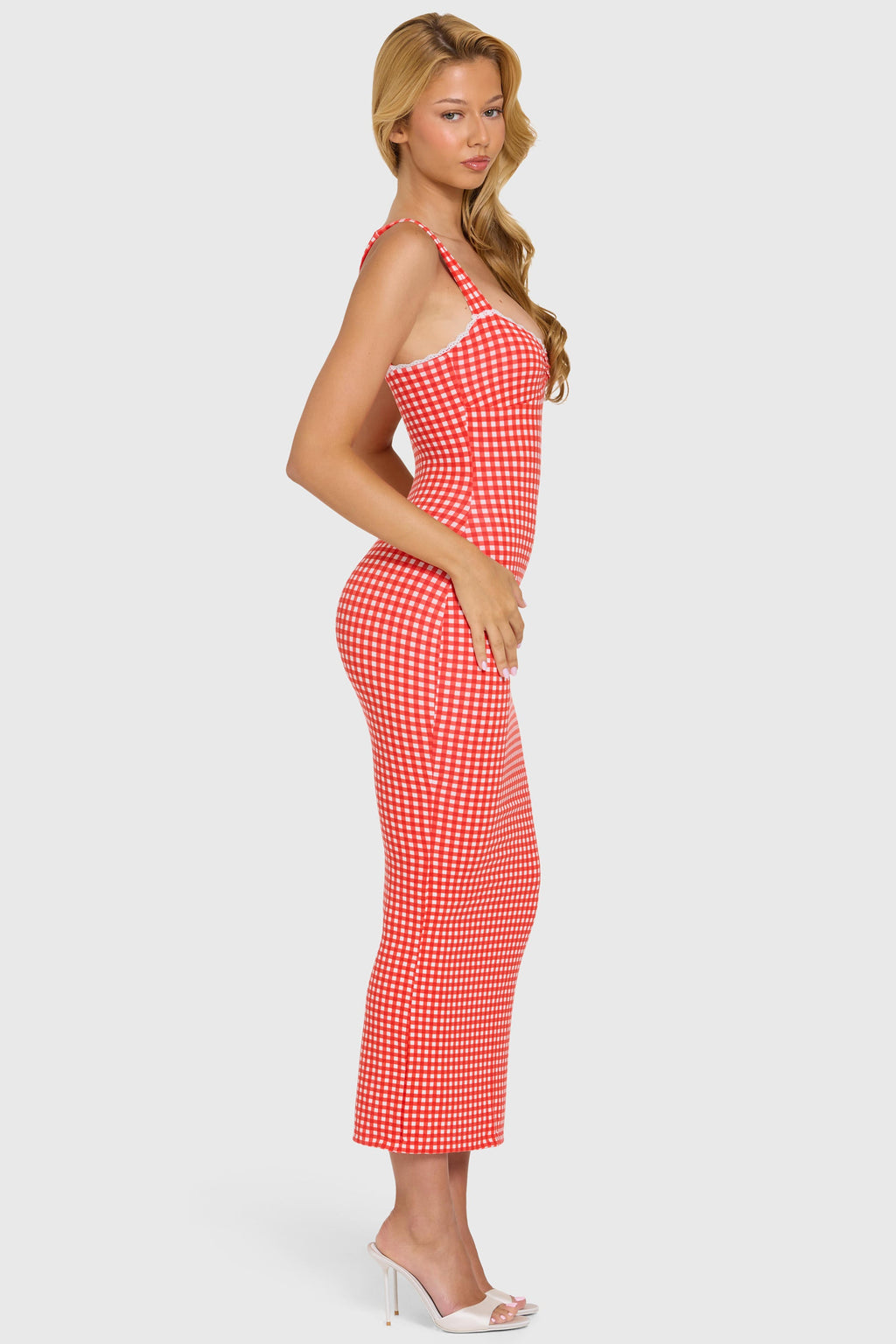 Chic Modal Lace-Trim Midaxi Dress in Red Gingham