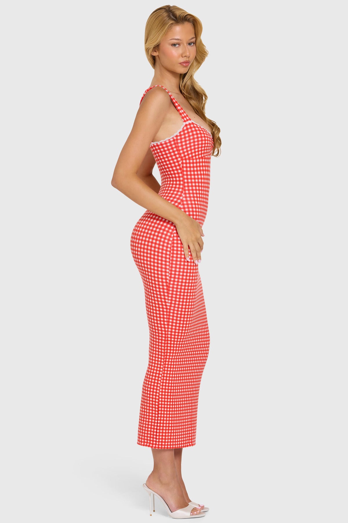 Chic Modal Lace-Trim Midaxi Dress in Red Gingham