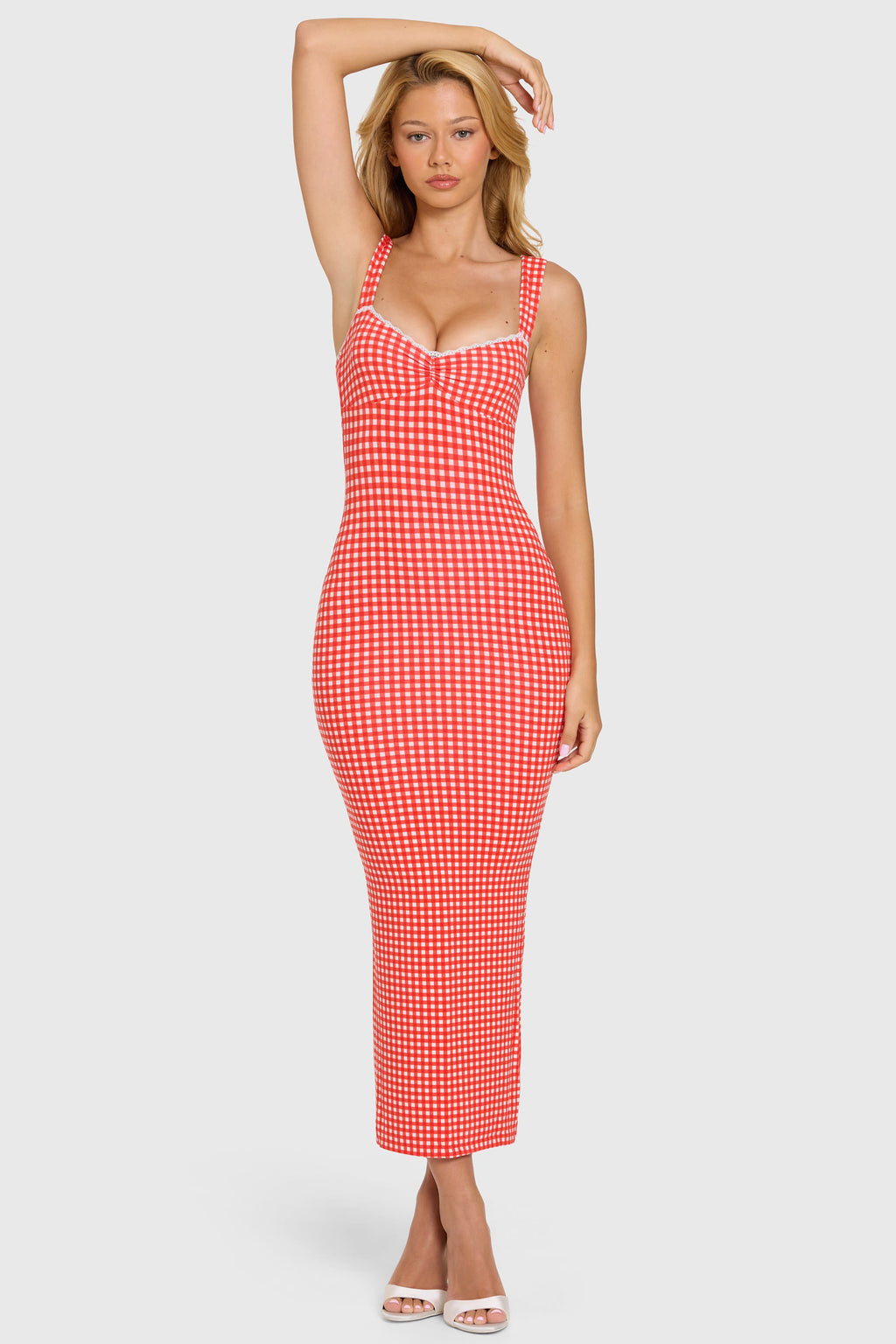 Chic Modal Lace-Trim Midaxi Dress in Red Gingham