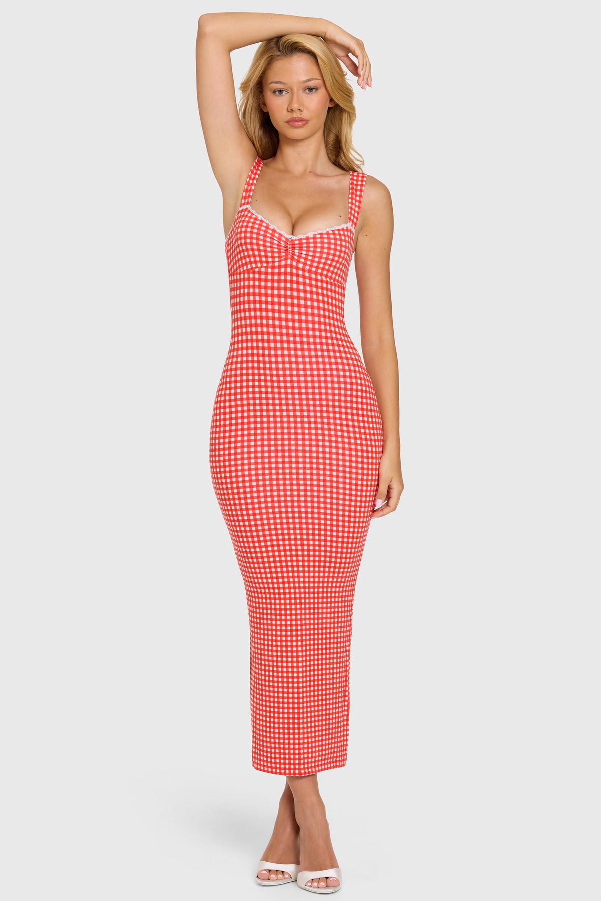 Chic Modal Lace-Trim Midaxi Dress in Red Gingham