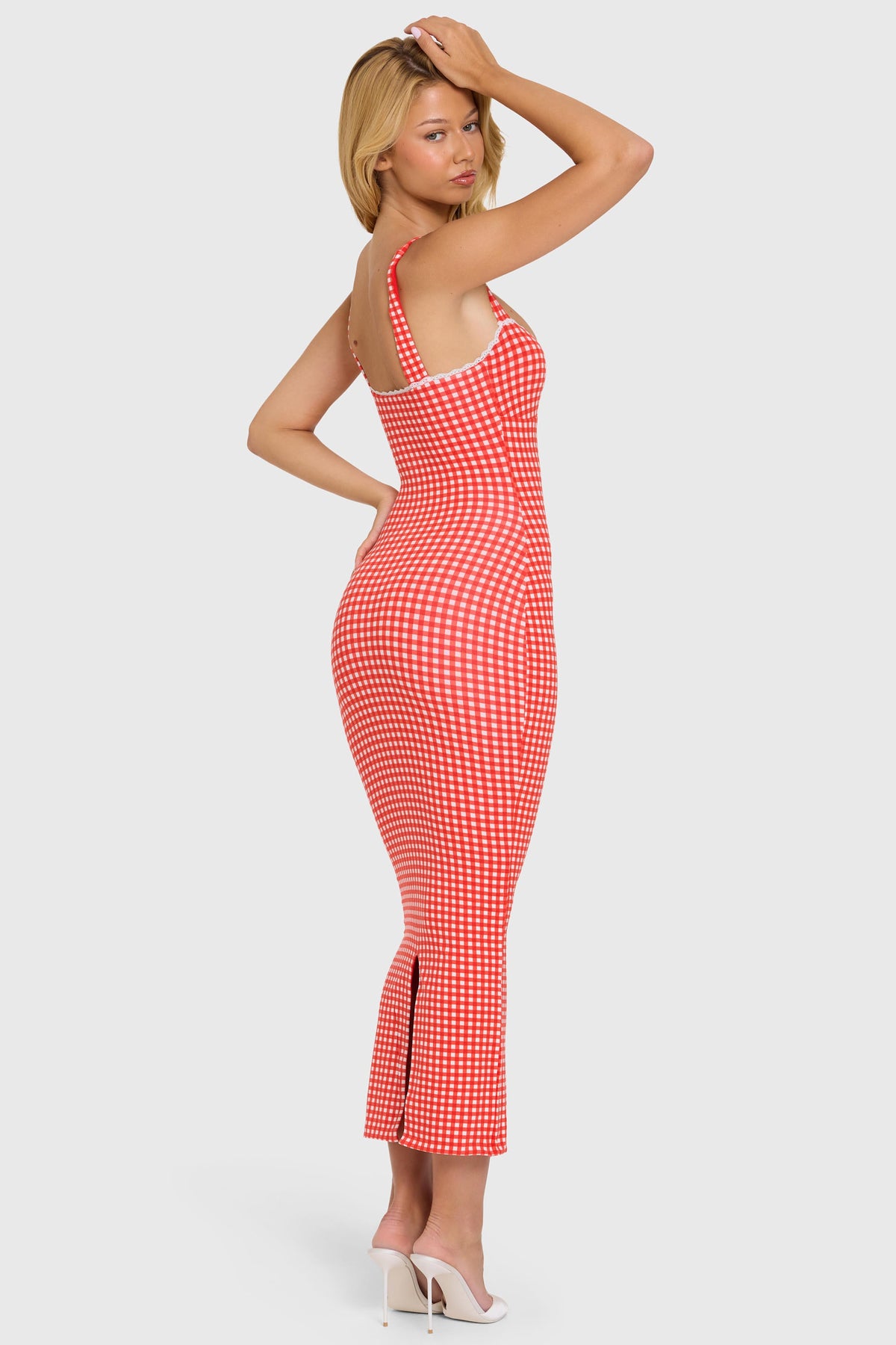 Chic Modal Lace-Trim Midaxi Dress in Red Gingham