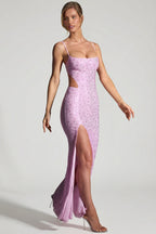 Chic Embellished Cut-Out Fishtail Maxi Dress in Peony Pink