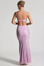 Chic Embellished Cut-Out Fishtail Maxi Dress in Peony Pink