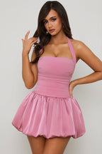 Chic Halterneck Lace-Up Bubble Hem Corset Micro Mini Dress in Mauve