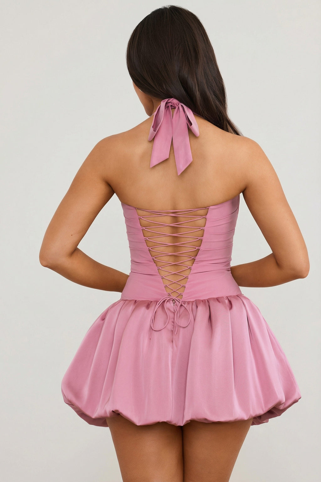 Chic Halterneck Lace-Up Bubble Hem Corset Micro Mini Dress in Mauve