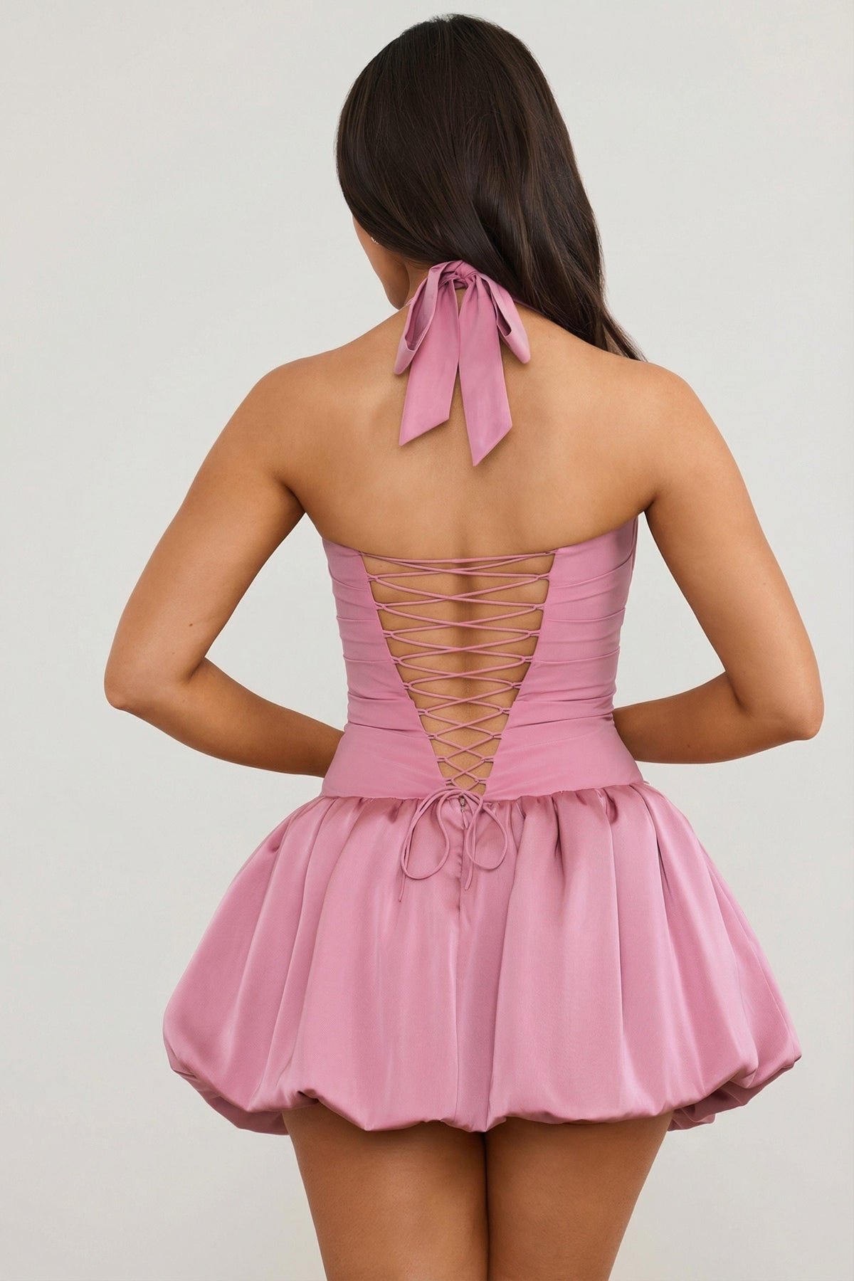 Chic Halterneck Lace-Up Bubble Hem Corset Micro Mini Dress in Mauve