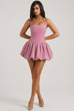 Chic Halterneck Lace-Up Bubble Hem Corset Micro Mini Dress in Mauve