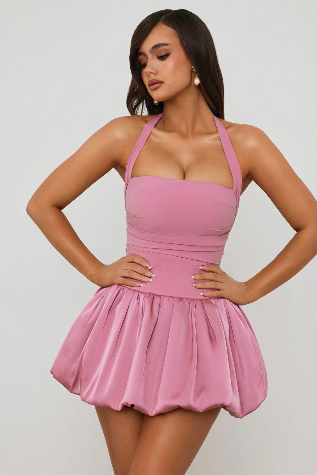 Chic Halterneck Lace-Up Bubble Hem Corset Micro Mini Dress in Mauve