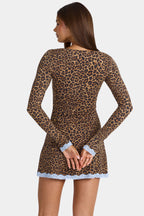 Chic Modal Lace-Trim Long-Sleeve Mini Dress in Leopard