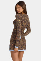 Chic Modal Lace-Trim Long-Sleeve Mini Dress in Leopard