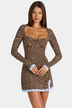Chic Modal Lace-Trim Long-Sleeve Mini Dress in Leopard