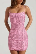 Chic Embellished Scoop-Neck Bodycon Mini Dress in Pink