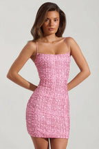 Chic Embellished Scoop-Neck Bodycon Mini Dress in Pink