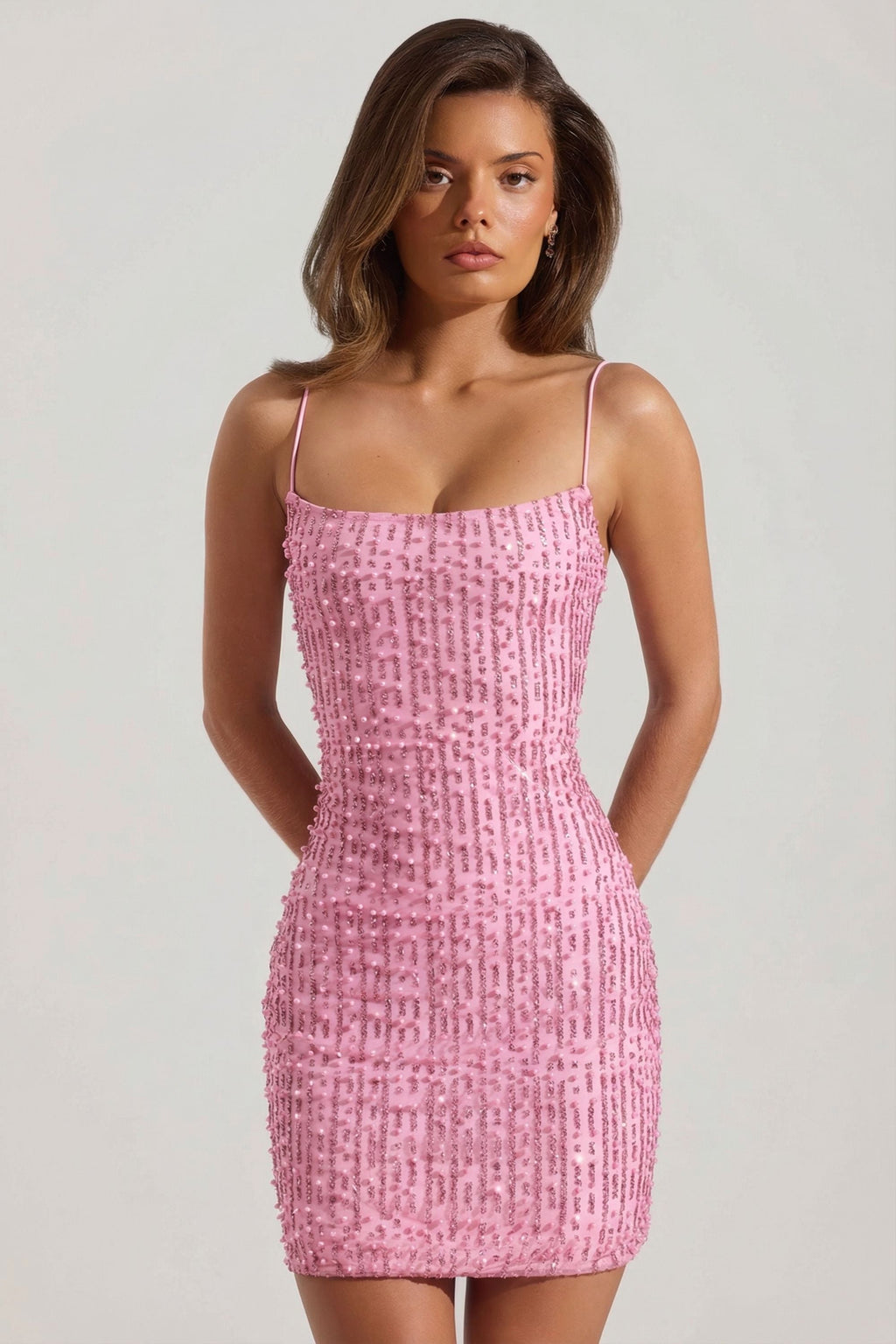 Chic Embellished Scoop-Neck Bodycon Mini Dress in Pink