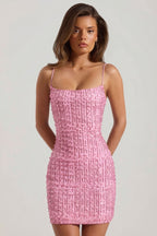 Chic Embellished Scoop-Neck Bodycon Mini Dress in Pink