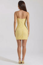 Chic Embellished Scoop-Neck Bodycon Mini Dress in Yellow