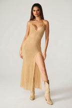 Chic Embellished Low Back Maxi Dress in Gold