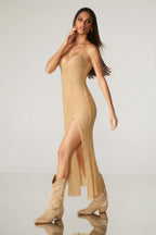 Chic Embellished Low Back Maxi Dress in Gold