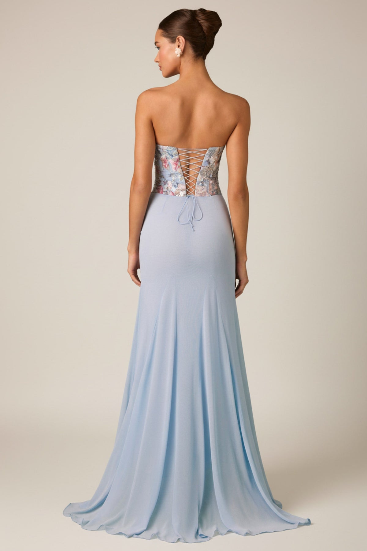 Chic Embellished Corset Fishtail Gown in Floral Blue