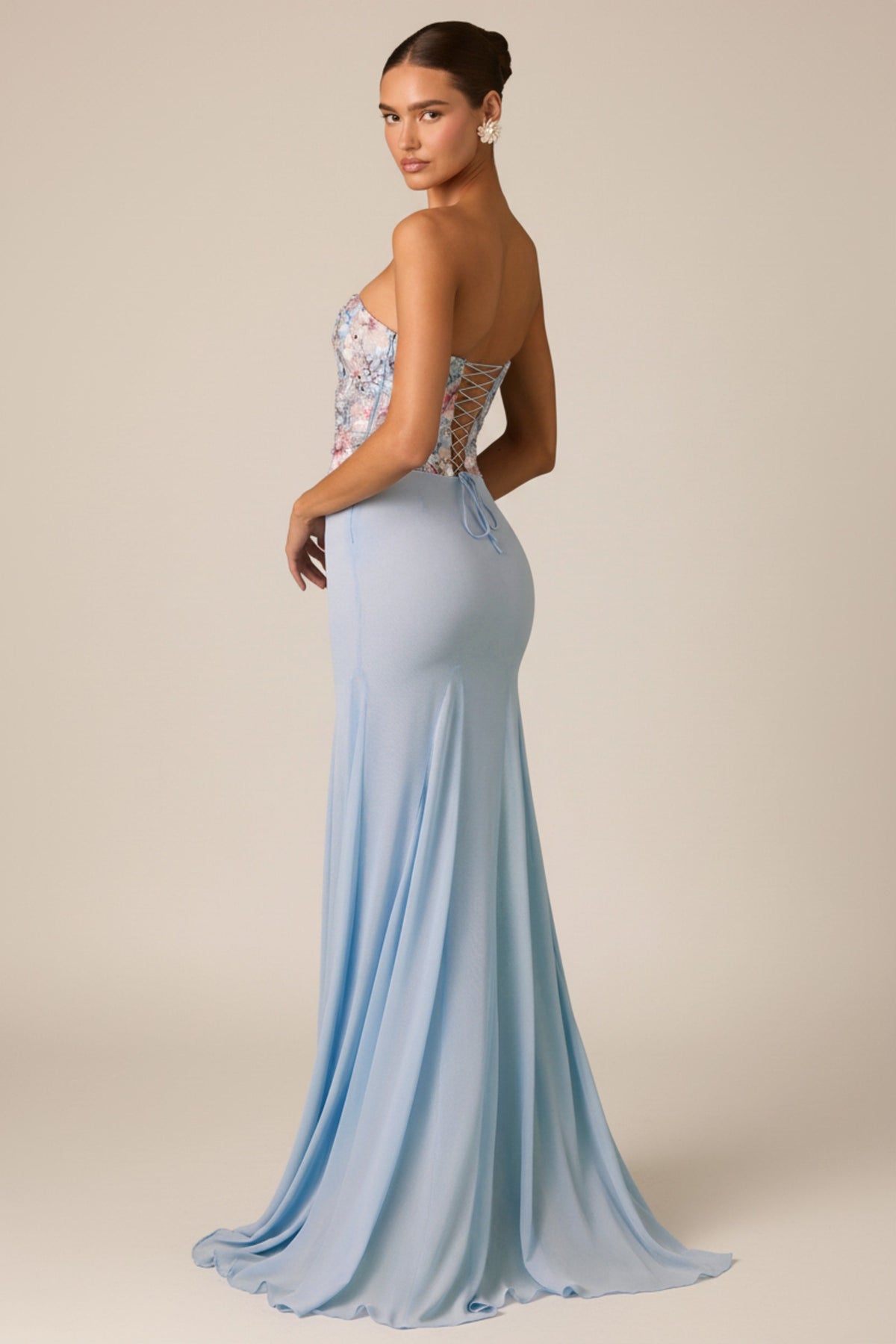 Chic Embellished Corset Fishtail Gown in Floral Blue