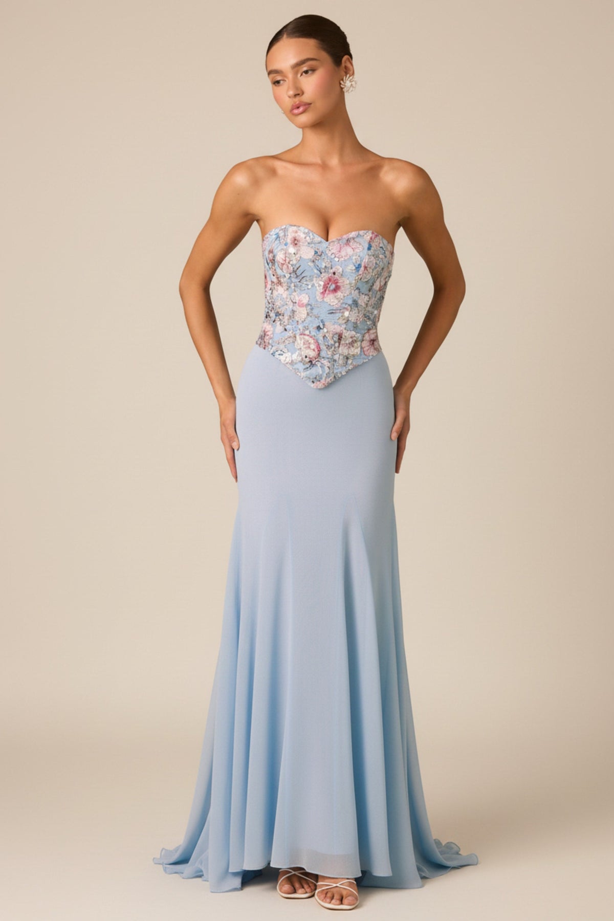 Chic Embellished Corset Fishtail Gown in Floral Blue