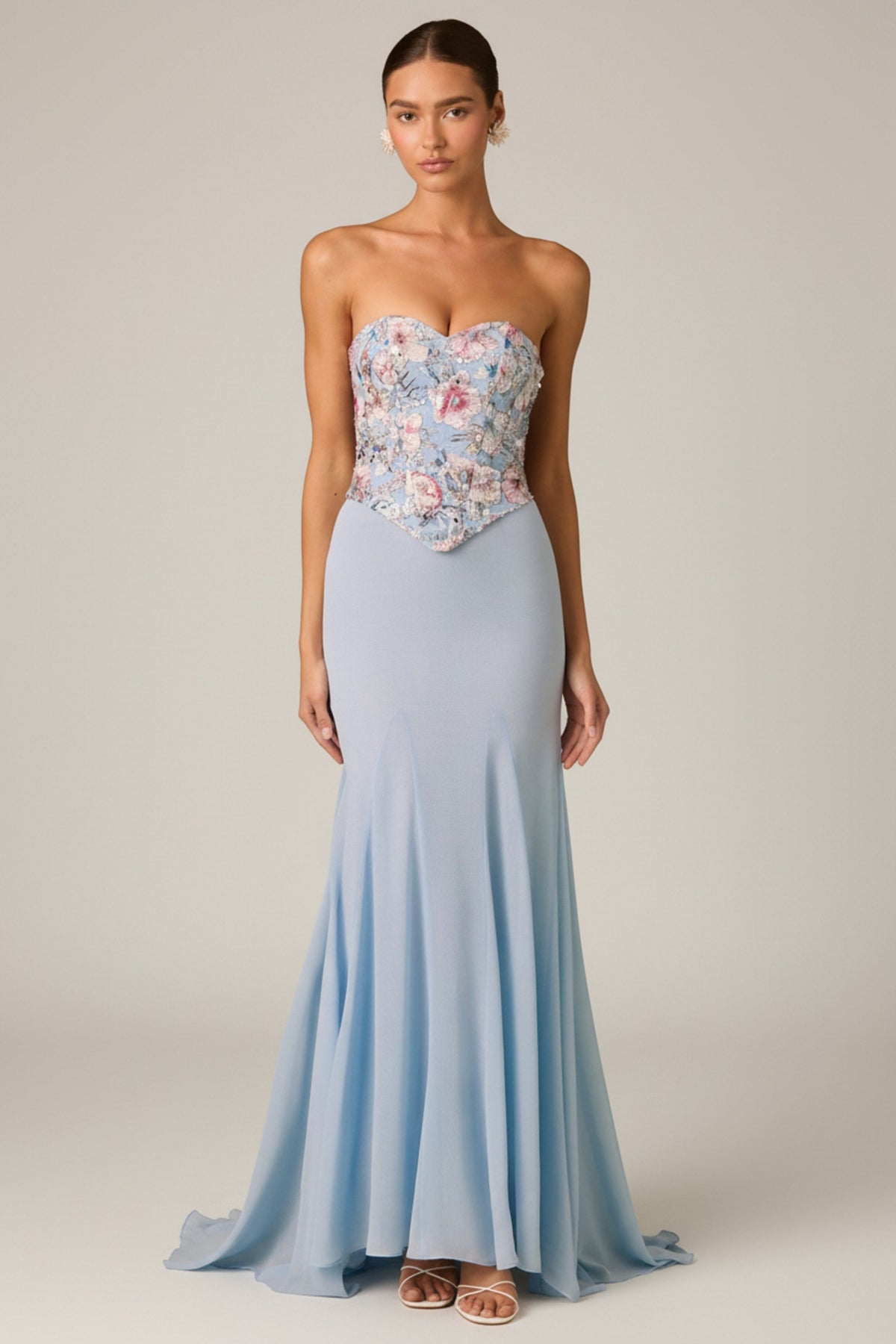 Chic Embellished Corset Fishtail Gown in Floral Blue