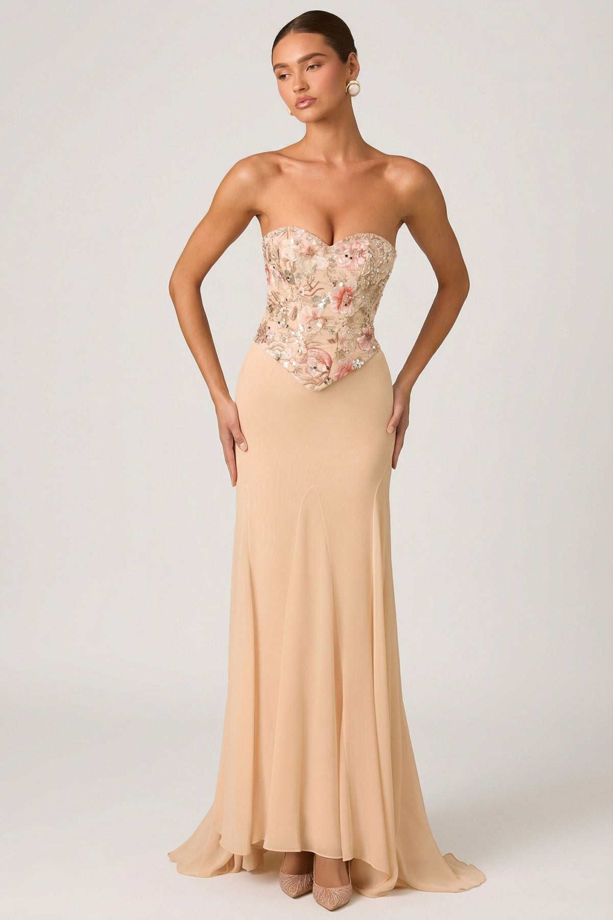 Chic Embellished Corset Fishtail Gown in Floral Beige